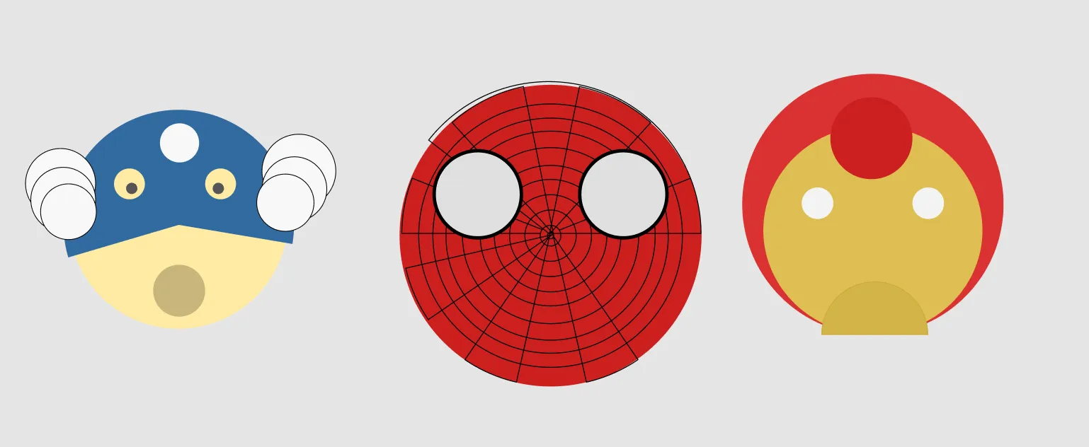 Three superhero faces drawn with circles